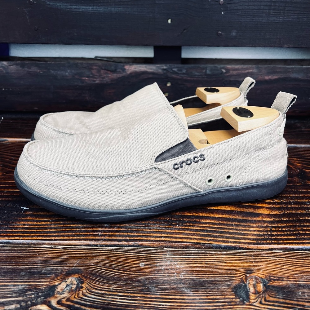 CROCS Walu Slip-On Loafers Khaki/Brown Canvas Slip On Boat Shoes